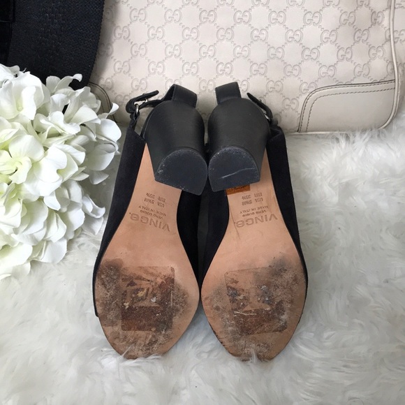 Vince. Black Suede Peep Toe Ankle Boots - Picture 7 of 8